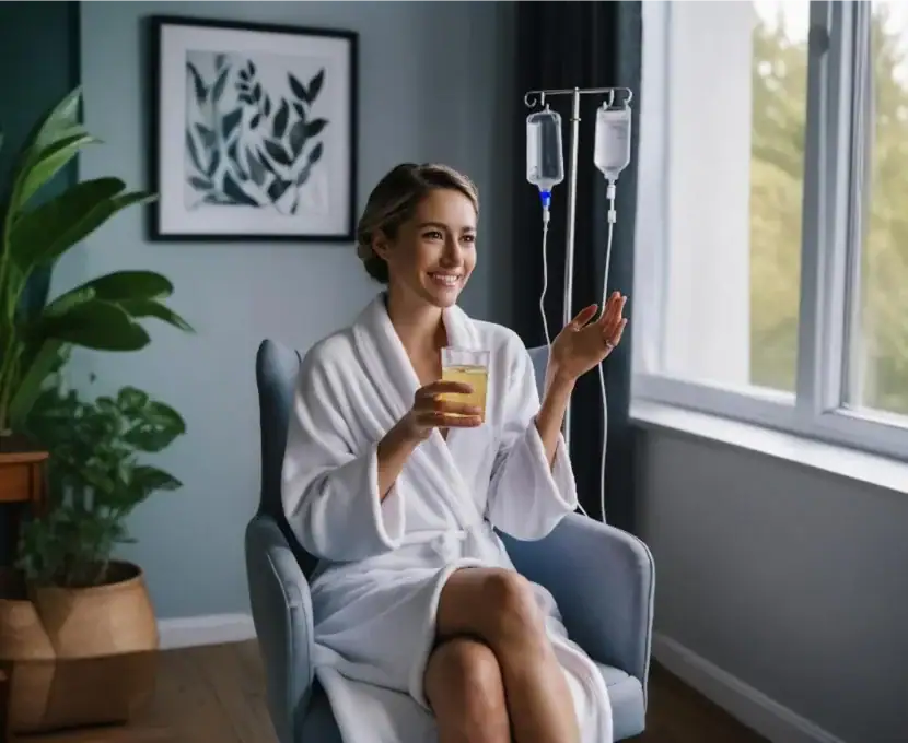 IV drip with a woman in a hospital gown holding a glass of orange juice, sitting in a chair near a w.