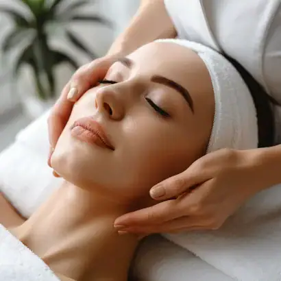 Relaxing woman receiving a facial massage with eyes closed.
