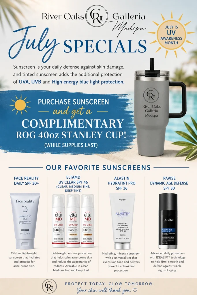 JULY IS UV AWARENESS MONTH ROG MEDSPA IS OFFERING A COMPLIMENTARY 40oz ROG MEDSPA STANLEY CUP WITH THE PURCHASE OF ANY SUNSCREEN THIS MONTH