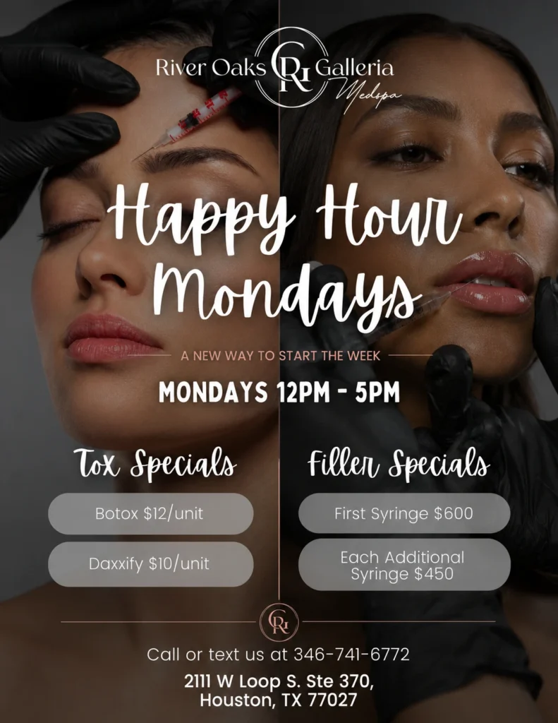 Tox & Filler Happy Hour Mondays at ROG Medspa Houston TX. Special Pricing. A new wat to start the week.