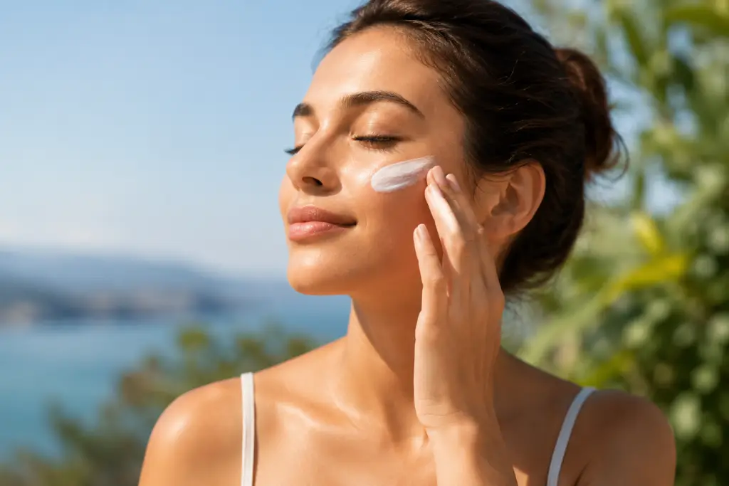 Woman applying broad-spectrum sunscreen outdoors to help protect her skin from UVA rays, UVB rays, and daily sun exposure. Professional sunscreens available at River Oaks Galleria Medspa in Houston, TX.
