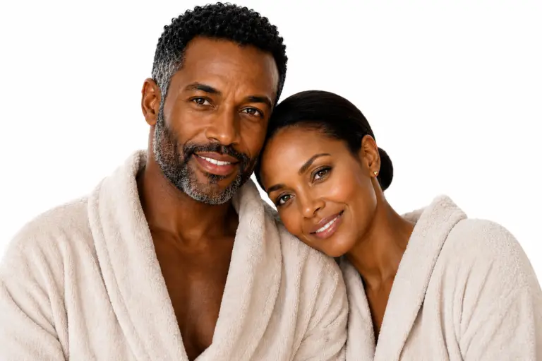 ROG Luxe Membership. Happy couple in robes at Houston Medspa
