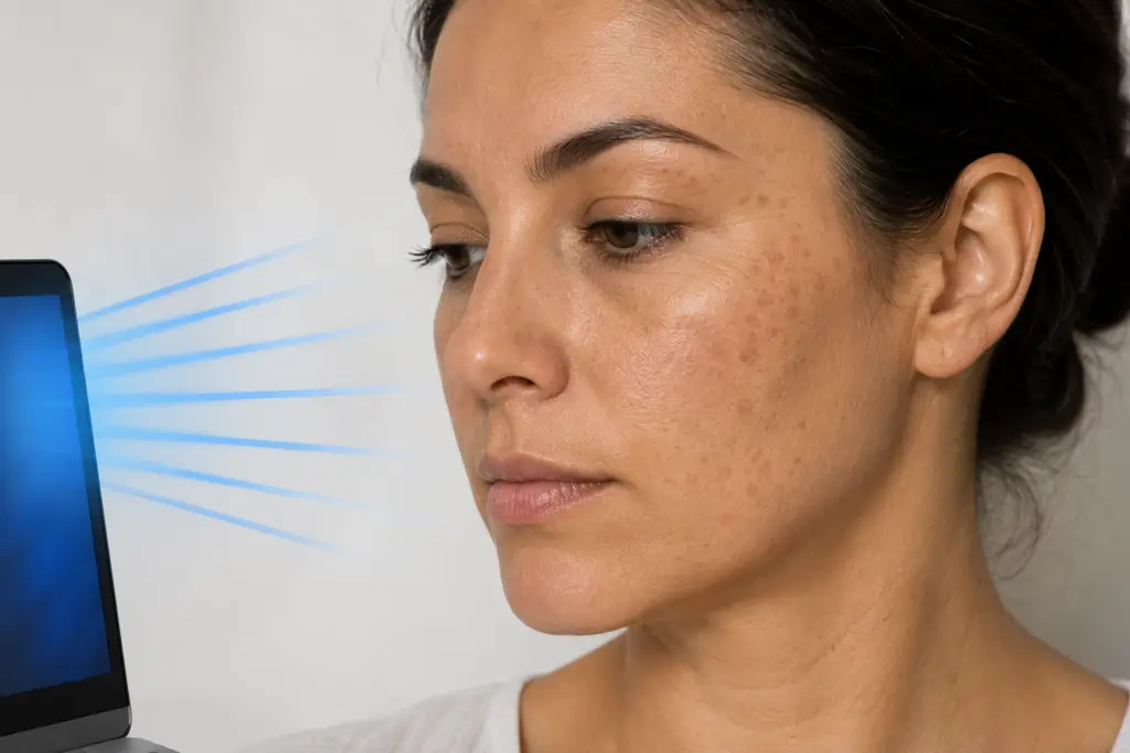Woman with visible facial hyperpigmentation shown with blue light exposure from a digital screen.