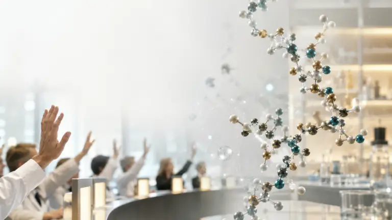 Scientific peptide model beside a medical advisory committee vote representing the PCAC decision on BPC-157