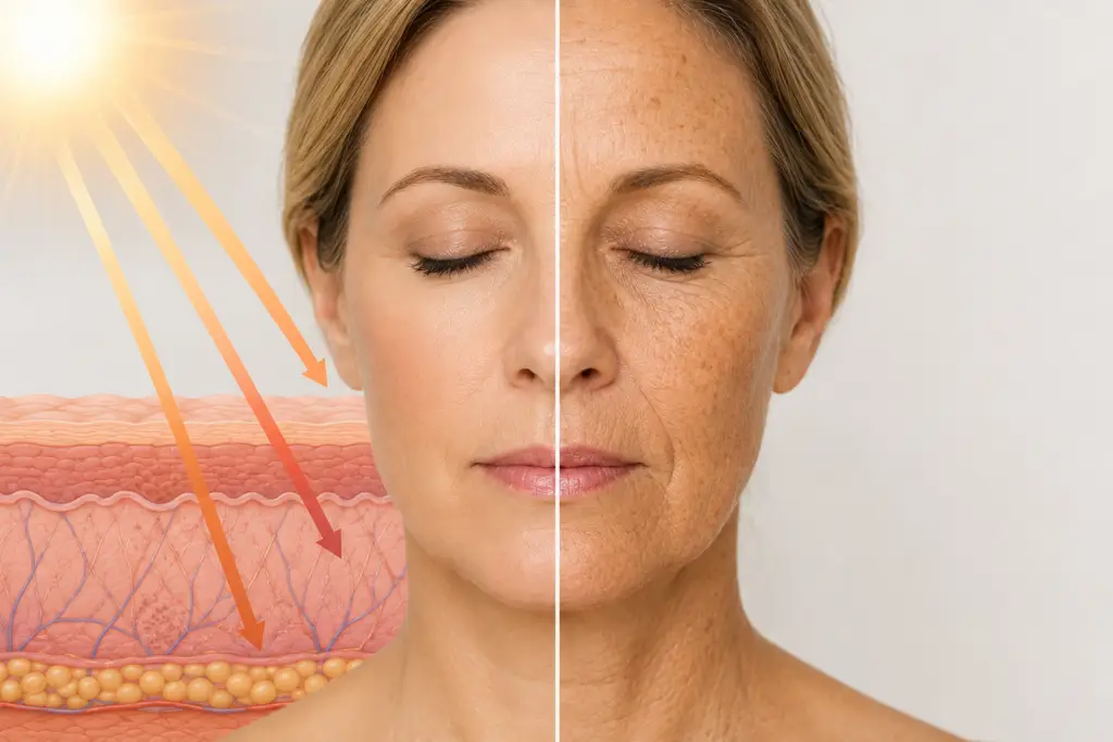 Comparison illustrating wrinkles, pigmentation, and premature skin aging associated with long term UVA exposure.