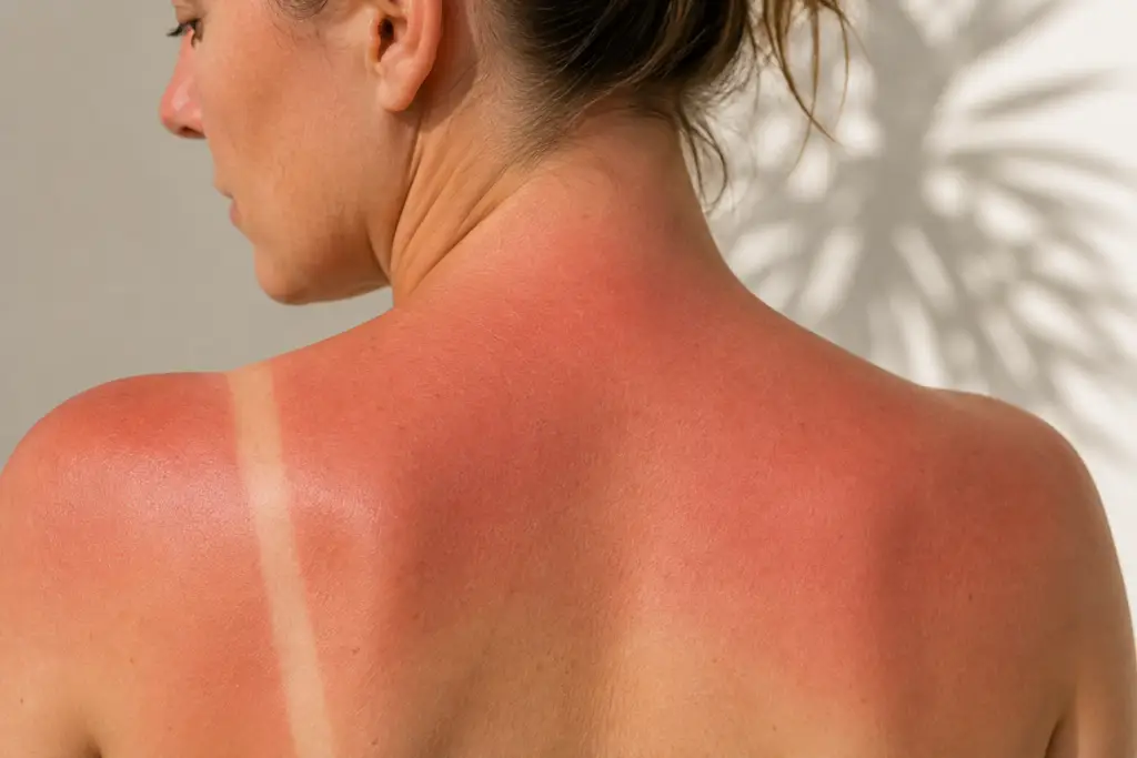 Woman with visible redness and sunburn across her shoulders and upper back after UV exposure.