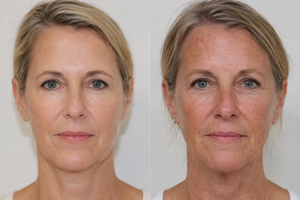 Side by side comparison showing healthy protected skin and skin with visible wrinkles, pigmentation, and photoaging caused by long term sun exposure.