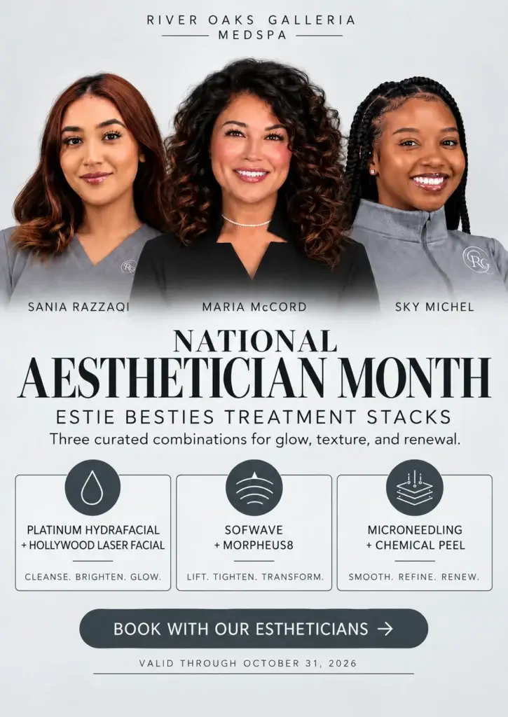National Aesthetician Month. We are celebrating at ROG Medspa with 3 skin transformation stacks. Platinum Hydrafacial + Hollywood laser facial. Sofwave + Morpheus8. Microneedling + Chemical Peel