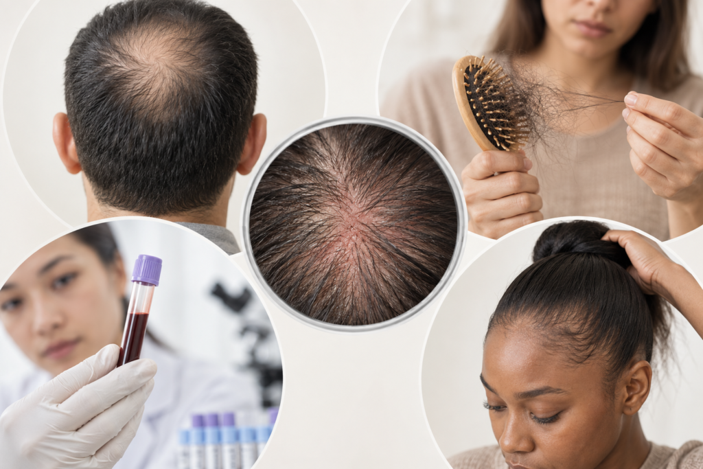 Visual showing genetic, hormonal, nutritional, inflammatory, stress related, and traction causes of hair loss at ROG Medspa in Houston, TX