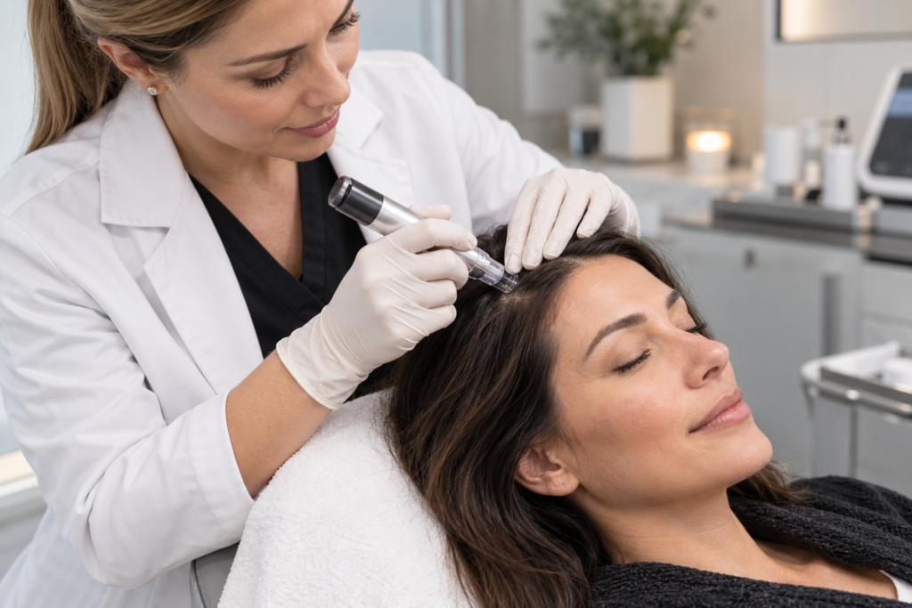 Patient receiving a nonsurgical scalp treatment at ROG Medspa and Hair Institute in Houston, TX