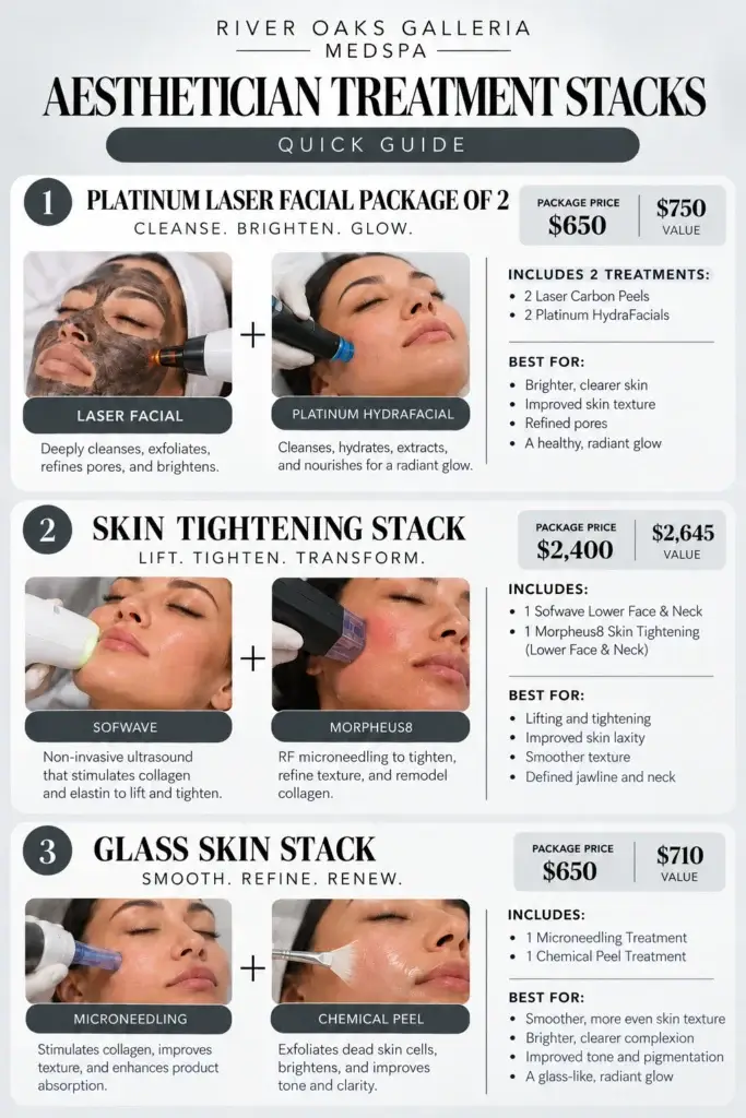National Aesthetician Month. We are celebrating at ROG Medspa with 3 skin transformation stacks. Platinum Hydrafacial + Hollywood laser facial. Sofwave + Morpheus8. Microneedling + Chemical Peel